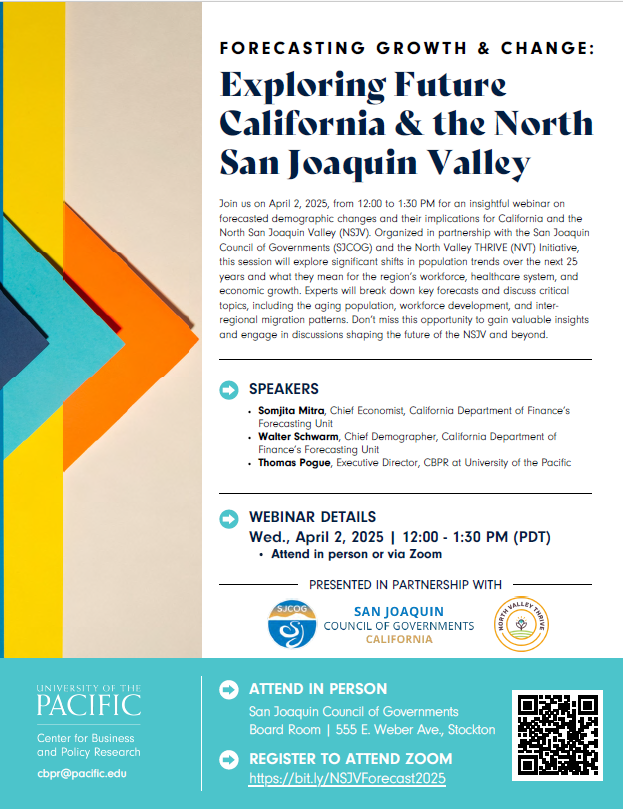 Flyer on the upoming webinar Forecasting Growth and Change: Exploring Future California and the NSJV