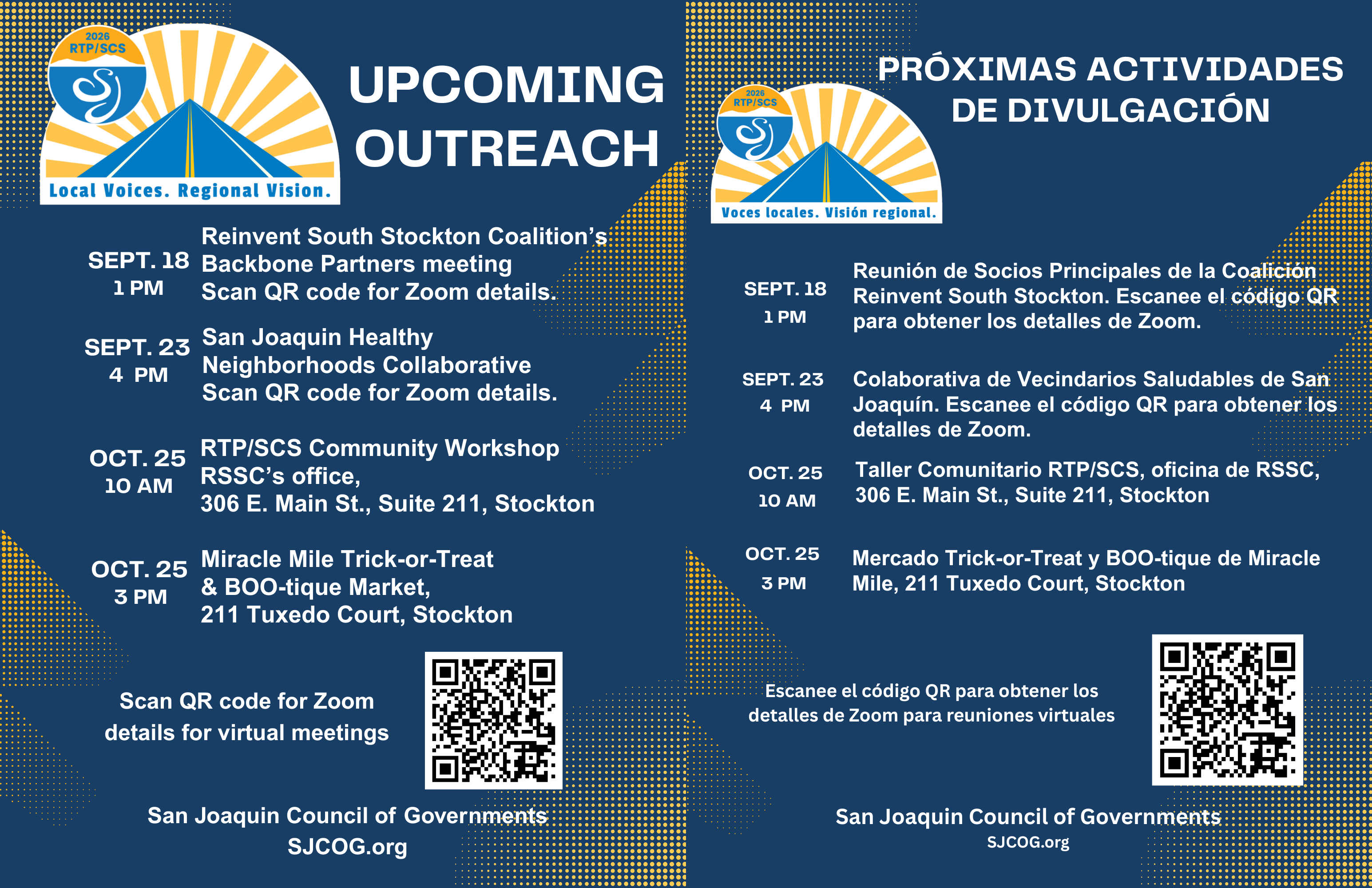 Flyers in English and Spanish with times and dates for outreach events. Info in the text.