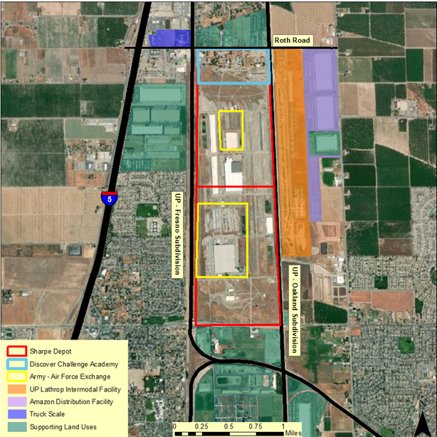 Image shows an illustrated map of the Sharpe Army Depot.