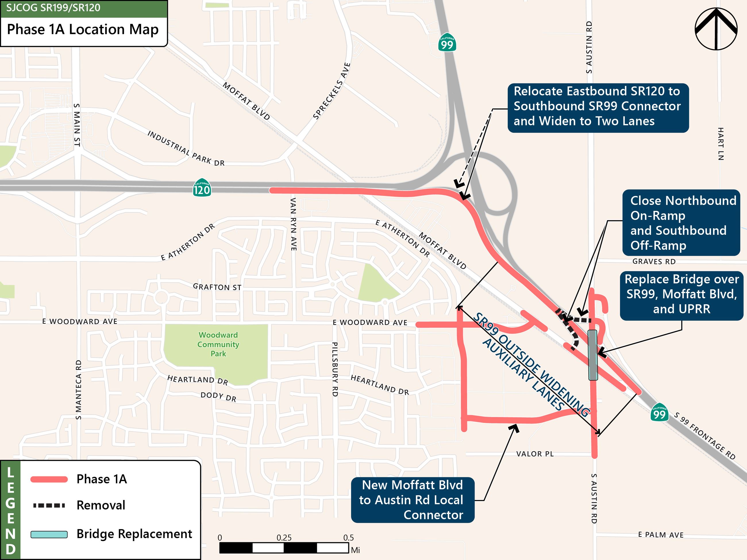 Image shows map of State Route 99/120 with text boxes indicating work in the project's first phas